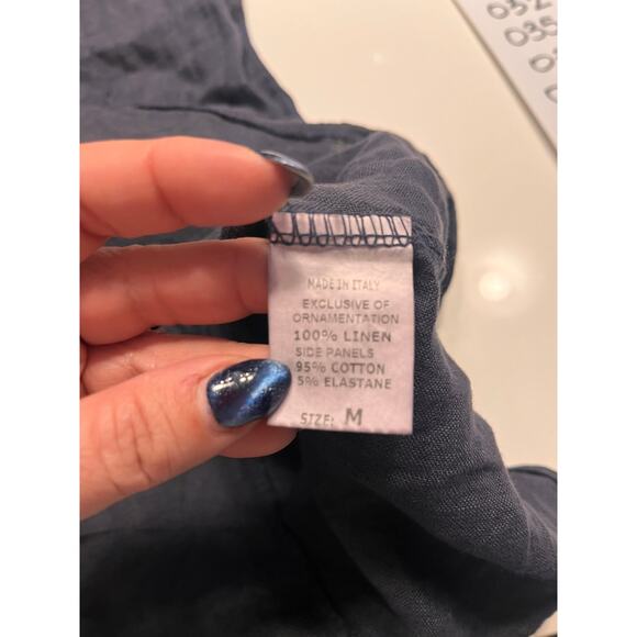 Lina Tomei Navy Blue Linen Short Sleeve Embellished Shift Dress Pockets - Picture 5 of 9